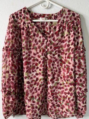 Belle by Kim Gravel Savanna Print Blouse with Ruffle Detail Pink Floral Size M